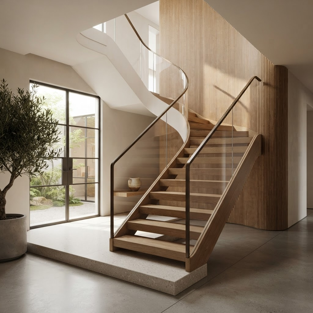 Detalle de escalera y madera en interior moderno