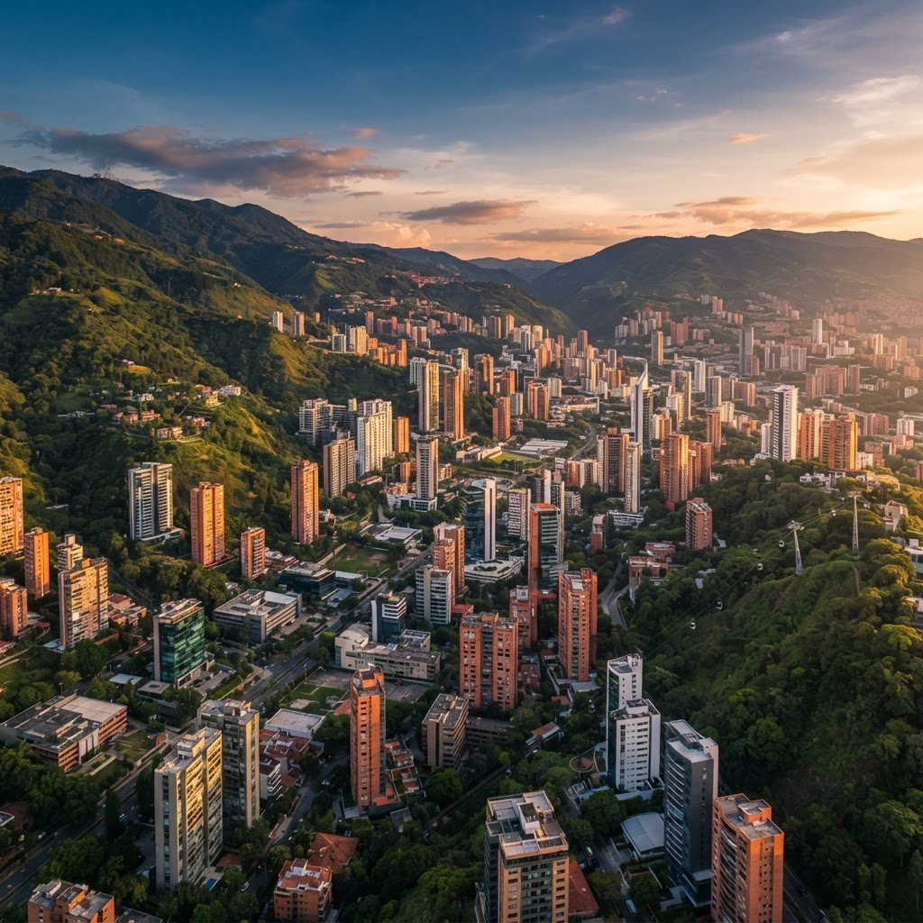 Panorámica de Medellín entre montañas al atardecer